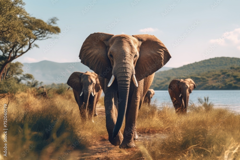 Poster herd of elephants walking across a grass field. suitable for wildlife and nature concepts