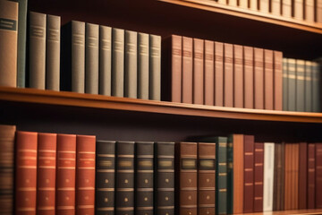 A lot of old books for reading on wooden bookshelves in the library, dark background, copy space for text, Book tops. Educational, culture and science concept. Close up.