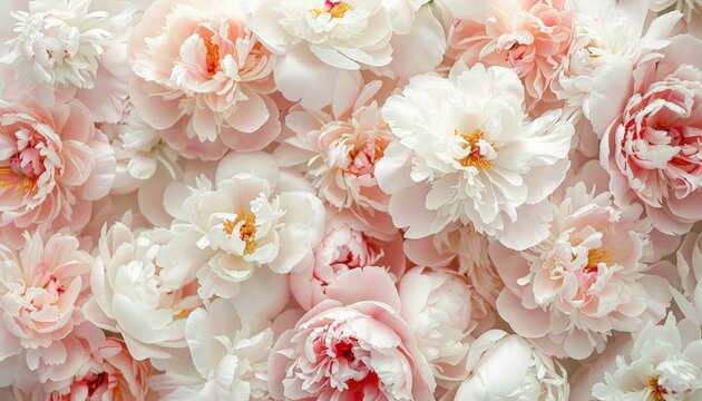 Floral background. Beautiful white and pastel pink blooming peonies flowers background