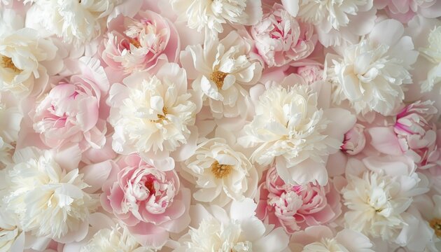 Floral background. Beautiful white and pastel pink blooming peonies flowers background