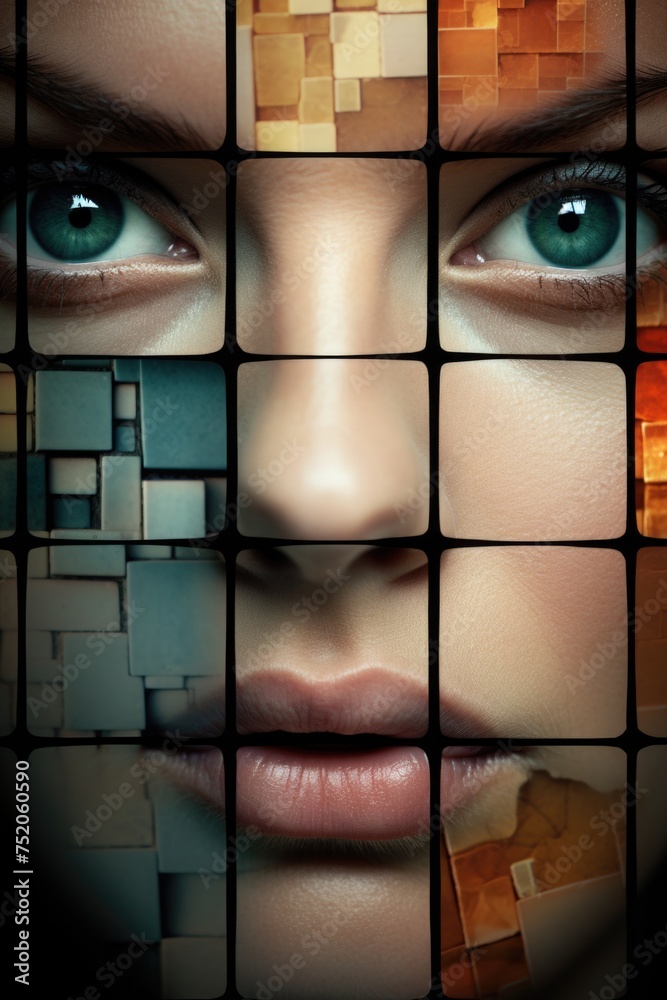 Poster Close up shot of a person's face with multiple squares, suitable for technology concepts