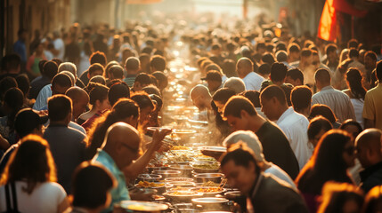 Crowded street dinner at dusk.