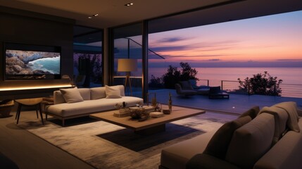 Fototapeta premium A comfortable living room with modern furniture and a large flat screen TV. Ideal for home decor or interior design concepts