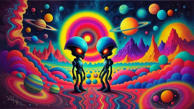 Two aliens on a colorful psychedelic planet with a glowing sun, planets, and stars in the background in bright neon colors.