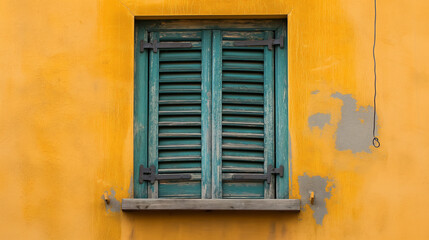 Fototapeta na wymiar Old window on yellow stucco wall.