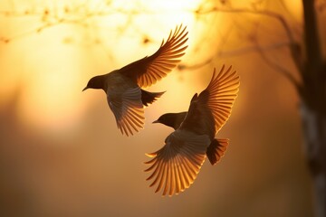 Fototapeta premium Pair of birds in graceful flight silhouetted against a radiant sky