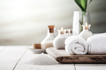 Fototapeta na wymiar White towels on wooden tray with flowers, ideal for spa and wellness concepts