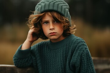Outdoor portrait of a cute little boy in a knitted hat and sweater.