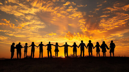 Silhouettes of people holding hands.