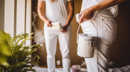 Young married couple painting the walls, happily renovating a newly purchased house