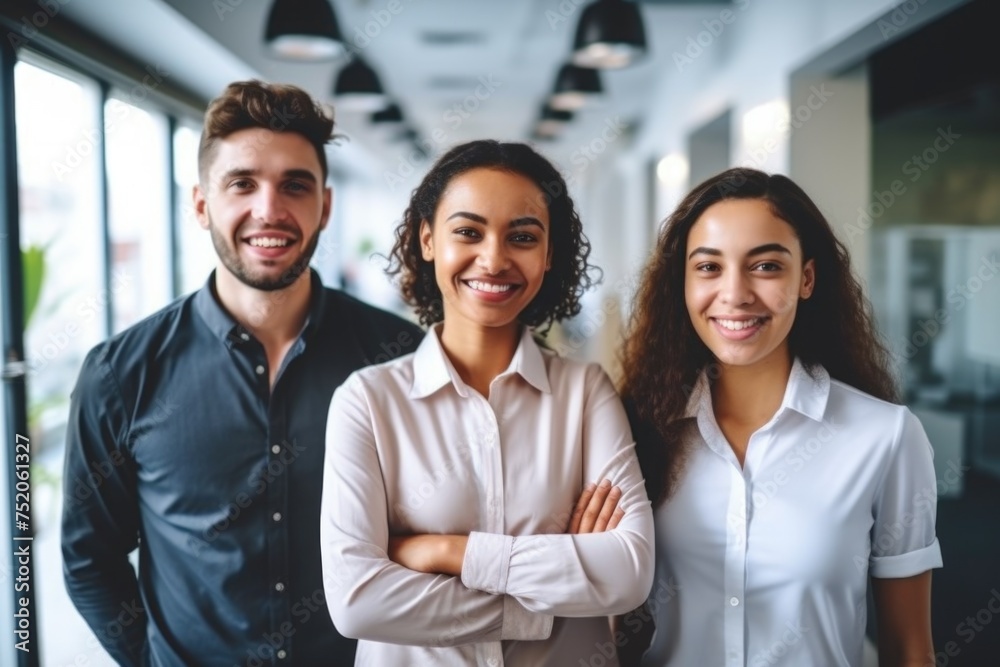 Poster three individuals standing in a group. suitable for teamwork concepts