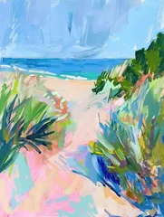 Fototapeten An artwork depicting a beach landscape painted by hand on a vibrant sunny day, showcasing gentle hues and broad brushwork. © Matthew
