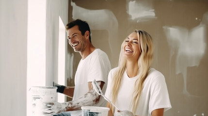 Young married couple painting the walls, happily renovating a newly purchased house - obrazy, fototapety, plakaty