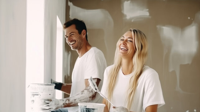 Young married couple painting the walls, happily renovating a newly purchased house