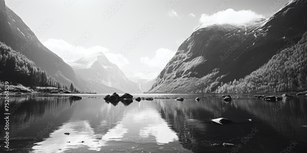 Poster a serene mountain lake captured in black and white, suitable for various design projects