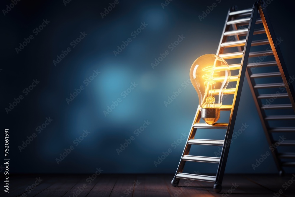 Poster a ladder leading up to a glowing light bulb, suitable for concepts of creativity and innovation