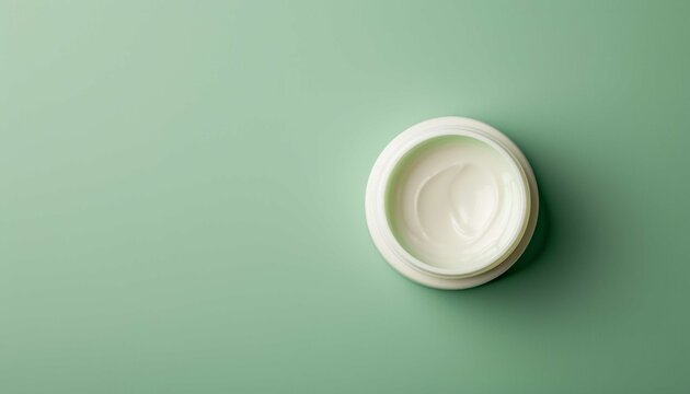 Cream jar, moisturizing lotion, shampoo or other cosmetic product in white blank bottle green background. Top view. Vegan eco friendly