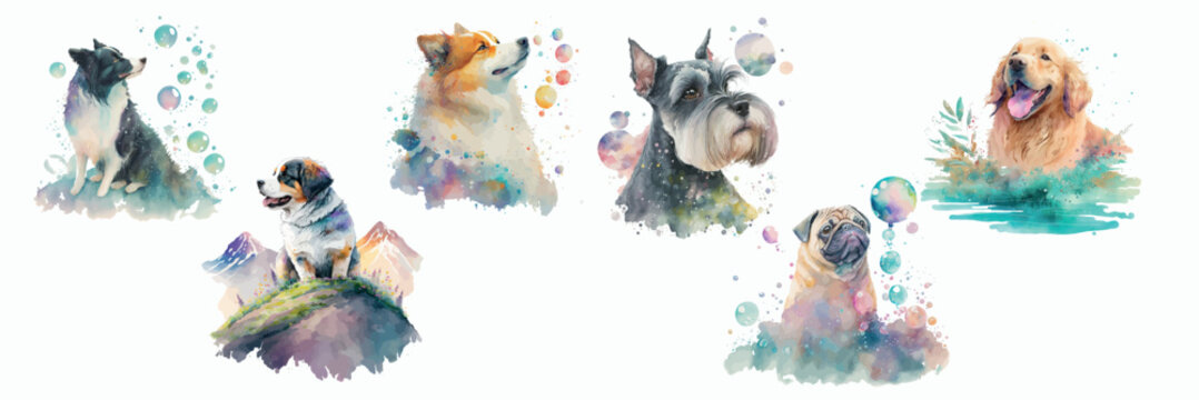 Captivating Canine Collection: Watercolor Illustrations of Five Unique Dog Breeds, Each Surrounded by Colorful Splashes