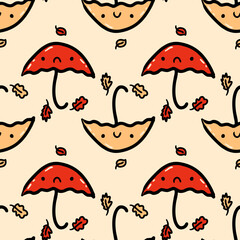 Fall artwork doodle seamless pattern with umbrellas and leaves. Perfect print for paper, textile and fabric. Hand drawn vector illustration.
