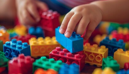 Children hands play with colorful lego blocks on the table