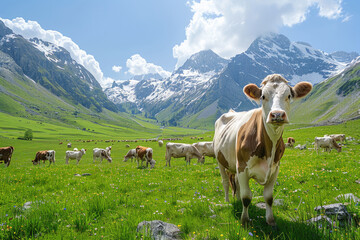 Fototapeta na wymiar Cow grazing on alps meadow with beautiful mountain landscape
