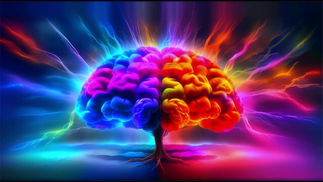 human brain exploding in colors in lightning bolts