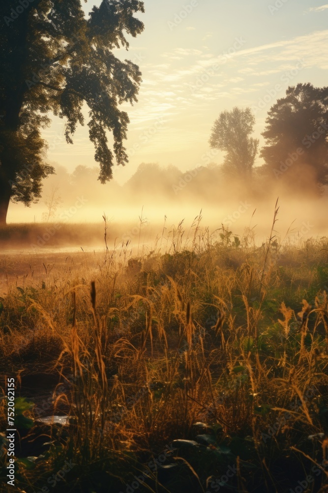 Poster a serene landscape of a foggy field with tall grass and trees in the background. suitable for nature