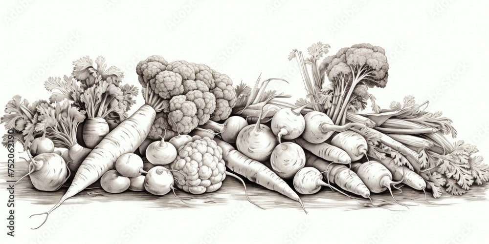 Poster a drawing of assorted vegetables on a table, suitable for food and nutrition concepts