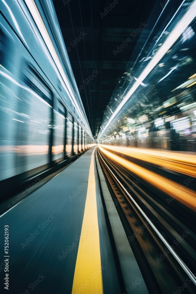 Poster a blurry image of a train approaching on the tracks. suitable for transportation themes