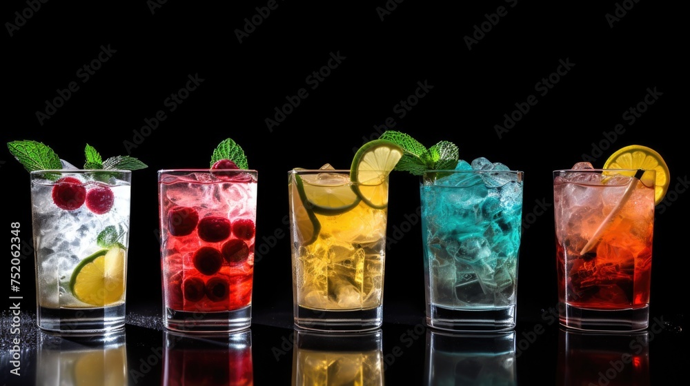 Poster various colorful drinks in a row, suitable for party themes