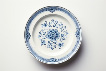 Simple blue and white plate on a white surface, suitable for kitchen or dining themes