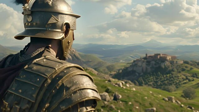 A stoic Roman legionary surveys the landscape calculating the best strategy for a successful conquest.
