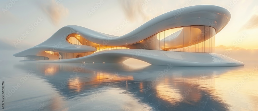 Leinwandbilder A low angle view of futuristic architecture, a skyscraper with curve glass windows, a 3D rendering of the building.