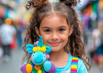 cute smiling little girl holding a toy unicorn