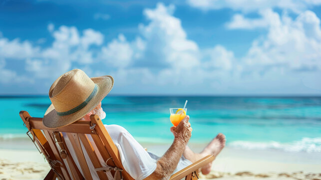 Happy retired elderly man sitting on a lounge chair, drinking cocktail on the beach enjoying his vacation