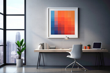 An HD-captured image showcasing an office interior with a blank white frame, minimalistic aesthetics, mockup style, and a palette of simple yet vibrant colors.