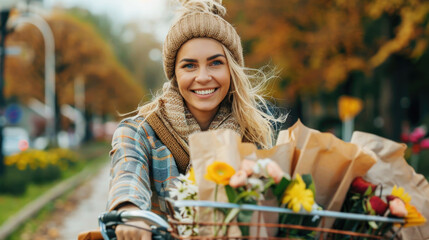 Happy young woman riding bike with paper shopping bags in the basket