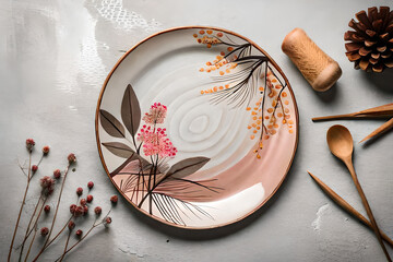 Top view of round ceramic plate or porcelain tile dish isolated on white background. Sushi, Japanese cuisine, soy sauce plate chopstiks and chopsticks holder. High quality photo