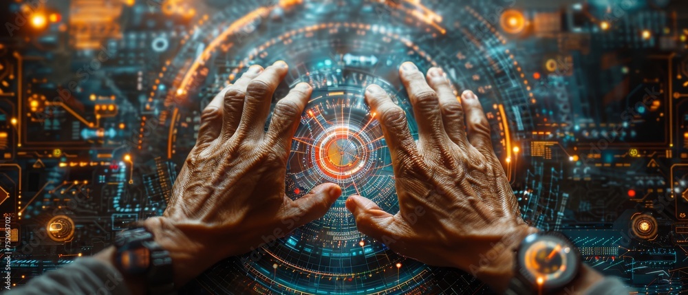 Poster Top view of a businessman holding a computer and interacting with digital layer effect as a marketing strategy