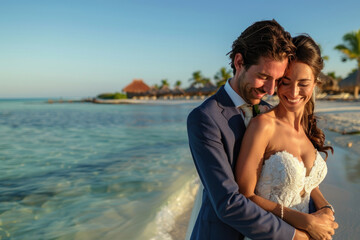 Fototapeta na wymiar Beautiful young newlywed couple, smiling and embracing on a tropical beach