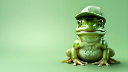 Cute little green frog wearing baseball hat isolated on green background, animals and wildlife template with copy space area, wallpaper, banner