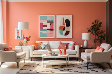 An inviting living area highlighting an empty white frame against a backdrop of soft, pale salmon walls, paired with contemporary furniture and splashes of vibrant, playful accessories.