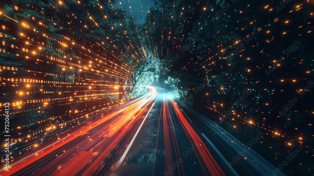 Poster Creating a vision of future digital transformation, disruptive innovation and agile business methodologies with digital data flow and motion blur on the road.