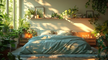 An interior bedroom with a bed and shelving unit, burning candles, and house plants - obrazy, fototapety, plakaty