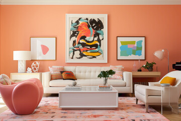An inviting living area highlighting an empty white frame against a backdrop of soft, pale salmon walls, paired with contemporary furniture and splashes of vibrant, playful accessories.