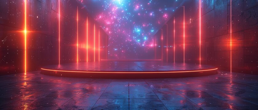 A 3D rendered futuristic galaxy reveals cybernetic podiums illuminated with hypnotic neon, transcending the boundaries of cyberpunk