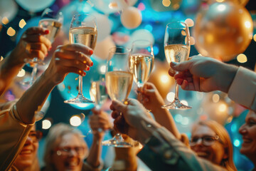 Group of coworkers raising a glass with champagne celebrating retirement  - obrazy, fototapety, plakaty