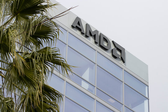 Santa Clara, CA, USA - Feb 20, 2024: Closeup of the AMD sign seen at its headquarters in Santa Clara, California. Advanced Micro Devices, Inc. (AMD) is an American multinational semiconductor company.