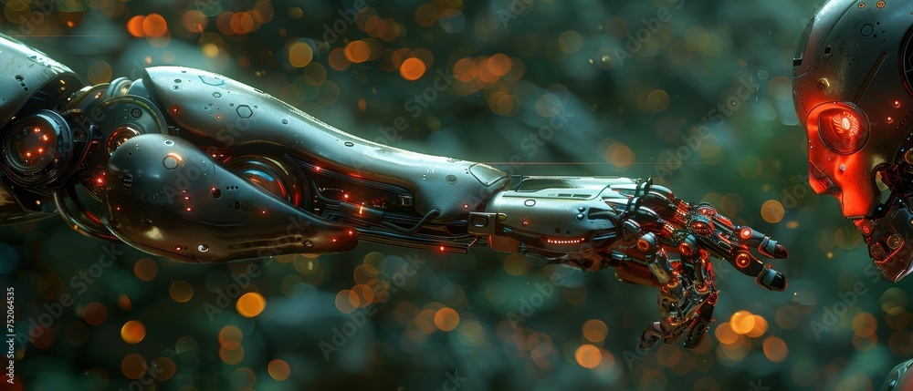 Poster Using AI, Artificial Intelligence, Chatbots, man uses technology smart robots, artificial intelligence by entering a command prompt, transforming technology into the future.