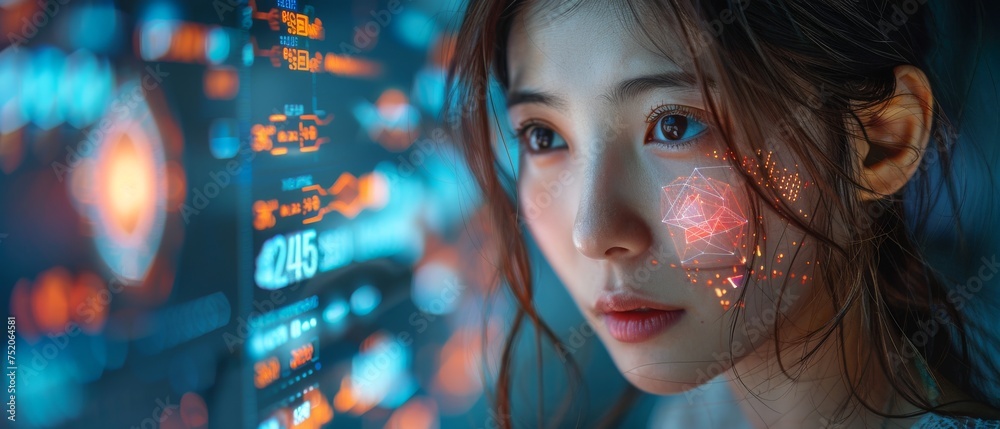 Aufkleber this concept illustrates how to keep up with technology in our fast-moving world. an asian woman is 